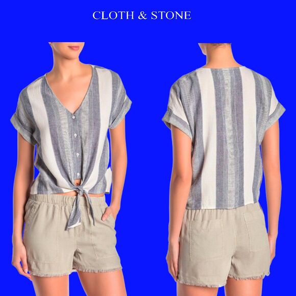 CLOTH & STONE NEW Linen Stripe V-Neck Tie Cuff Sleeve Crop Top M - Picture 3 of 12